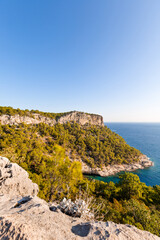 Fototapeta na wymiar big rock with forest and azure sea in summer