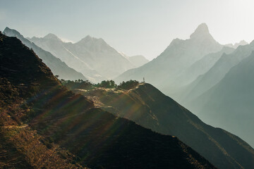 panorama view of Mount Everest massif Nuptse, Lhotse and Ama Dablam from Namche Bazar, Himalayas, Nepal. - obrazy, fototapety, plakaty