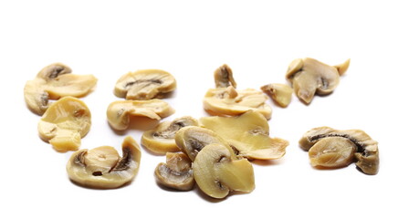 Champignon mushrooms slices pile isolated on white  