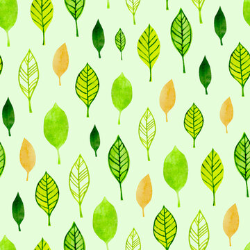 Seamless pattern with abstract
leaves on green background,
watercolor