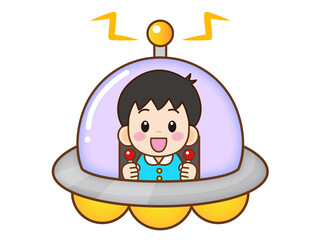 UFOを操縦する男の子のイラスト素材
