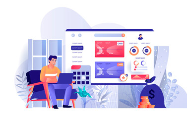 Online banking scene. Man conducts transactions through website on laptop. Online payment, personal financial account, credit cards concept. Illustration of people characters in flat design