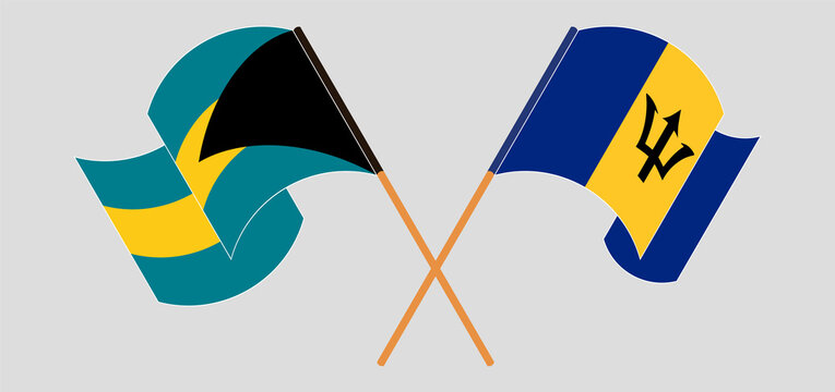 Crossed flags of the Bahamas and Barbados. Official colors. Correct proportion
