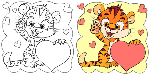 Coloring book cute little tiger cub isolated on white background. In love holding on to a heart. Symbol of 2022 New Year. Valentine's Day concept