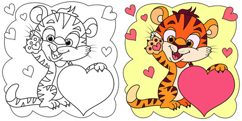 Coloring book cute little tiger cub isolated on white background. In love holding on to a heart. Symbol of 2022 New Year. Valentine's Day concept