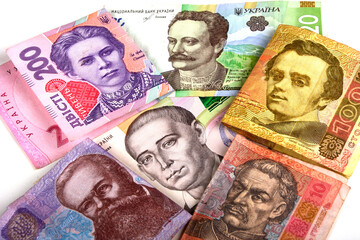 Banknotes of the Ukrainian national currency close-up.