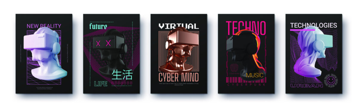 Modern collection of posters in the style of Techno, Rave music and technology of the future virtual reality with plaster heads. Print for clothing sweatshirts and t-shirts isolated on black backgroun
