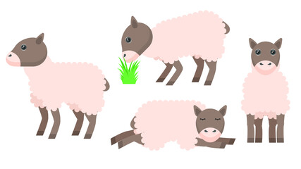 Set Abstract Collection Flat Cartoon Different Animal Sheeps Stand, Sleeping, Eating Grass Vector Design Style Elements Fauna Wildlife 