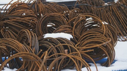 Rectangular Stirrup Rebar Metal Concrete Reinforcement Rods Stored Outdoor Getting Rusty Rack Focus