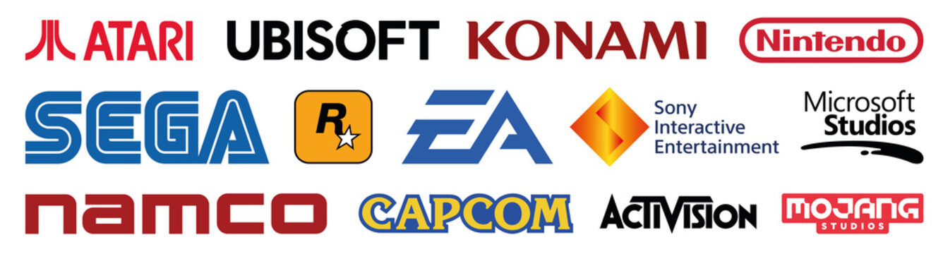 Top world video gaming industry logos, vector editorial illustration