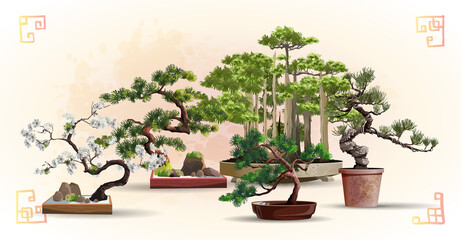 Set of bonsai Japanese trees grown in containers. Beautiful realistic tree. Tree in bonsai style. Bonsai tree on the red box. Decorative little tree vector illustration. Nature art - obrazy, fototapety, plakaty