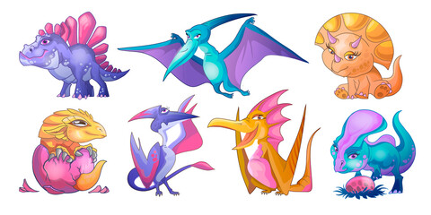 Cute little dinosaurs and pterodaktyls cartoon set. Playin with egg, stand, born from an egg. Can be used for print design greeting card used for print design, banner, poster, flyer template © Andrey