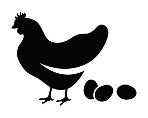 vector black and white icon of hen or chicken and eggs