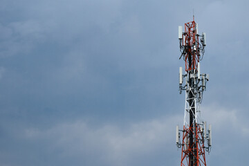 Telecommunication tower of 4G and 5G cellular. Antenna transmission communication. Cell phone signal base station.