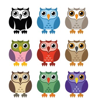 vector black and white and colorful owl icons