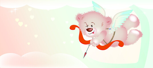 Cute cupid teddy bear with heart bow and arrow. 