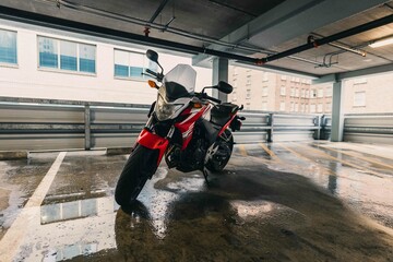 Motorcycle in a parking garage
