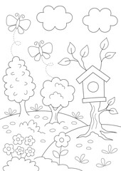 coloring sheet for kids of a spring garden with trees, a birdhouse and butterflies. you can print it on standard A4 paper
