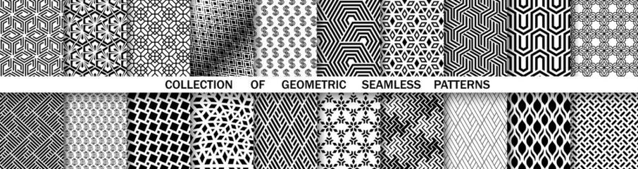 Geometric set of seamless black and white patterns. Simple vector graphics