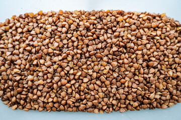 Buckwheat groats shot close-up. Buckwheat groats in grains.
