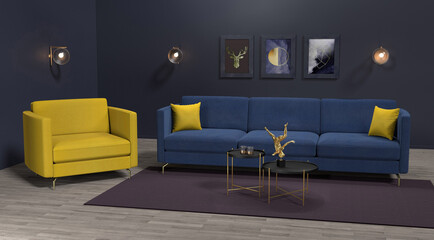 Living room with navy sofa