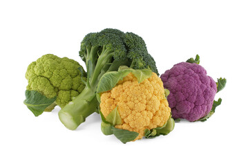 Fresh colorful cauliflowers and broccoli on white