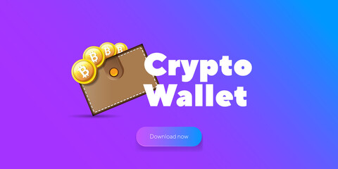 Cryptocurrency wallet concept illustration with wallet and crypto coins isolated on violet background. Crypto wallet landing page and poster design template. Crypto wallet for bitcon, solana, ethereum