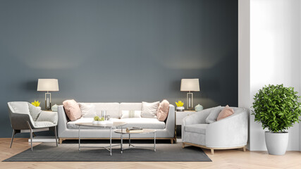 Fototapeta na wymiar Beautiful interior of a modern room. Bright and clean design. A sofa standing by a large window against a wall background. 3D rendering