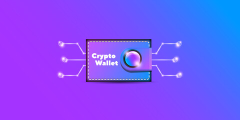 Cryptocurrency wallet concept illustration with wallet and crypto coins isolated on violet background. Crypto wallet landing page and poster design template. Crypto wallet for bitcon, solana, ethereum