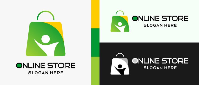 online shopping or online shop logo design template with shopping bag elements and people icon in creative concept. premium online shop logo illustration vector
