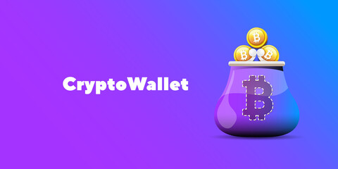Cryptocurrency wallet concept illustration with wallet and crypto coins isolated on violet background. Crypto wallet landing page and poster design template. Crypto wallet for bitcon, solana, ethereum