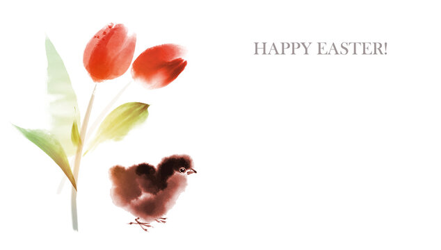 Easter greeting card with red tulups and little chick birds. Traditional oriental ink painting sumi-e, u-sin, go-hua.