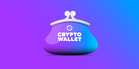 Cryptocurrency wallet concept illustration with wallet and crypto coins isolated on violet background. Crypto wallet landing page and poster design template. Crypto wallet for bitcon, solana, ethereum - obrazy, fototapety, plakaty
