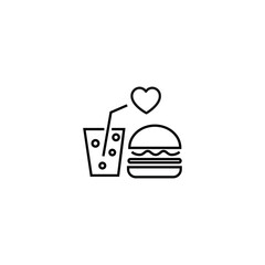 Outline sign related to heart and romance. Editable stroke. Modern sign in flat style. Suitable for advertisements, articles, books etc. Line icon of heart over hamburger and sugar sparkling water