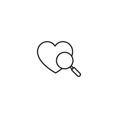 Outline sign related to heart and romance. Editable stroke. Modern sign in flat style. Suitable for advertisements, articles, books etc. Line icon of magnifying glass next to heart