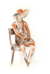 Fototapeta na wymiar Drawing of a woman in a hat sitting on a chair on a white background. A full-length woman. A hat with a large brim. On a white background. Drawing with crayons on paper.