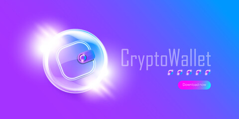 Cryptocurrency wallet concept illustration with wallet and crypto coins isolated on violet background. Crypto wallet landing page and poster design template. Crypto wallet for bitcon, solana, ethereum