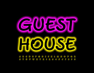 Vector creative signboard Guest House with neon handwritten Font. Yellow glowing Alphabet Letters and Numbers set