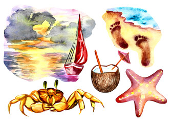 watercolor set on the theme of seaside holidays