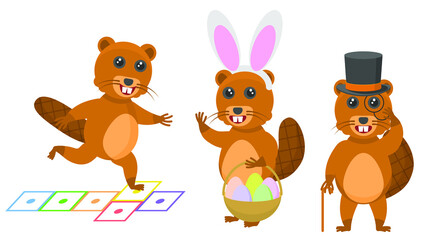 Set Abstract Collection Flat Cartoon Different Animal Beavers Playing Hopscotch, In A Top Hat And With A Cane, In Bunny Ears With A Basket Of Eggs Vector Design Style Elements Fauna Wildlife