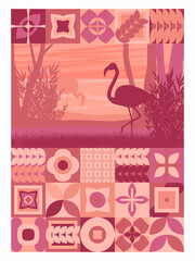 Poster with a geometric pattern and silhouette of a flamingo on the ocean. Modern geometric vector illustration