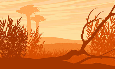 African savanna silhouette with tree branch, tall shrub and baobabs. Abstract vector landscape