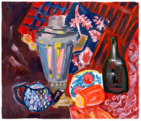 Still life gouache table for tea. Russian tea party. Samovar, kettle, bottle, roll and plate. Red and burgundy tones. Large strokes of paint. On paper. Painting.