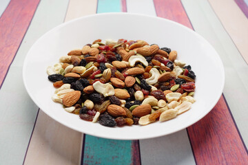 close up of many mixed nuts 