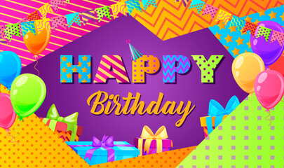 Purple banner texted happy birthday to you decorated balloons, party cone hats, gifts, ornaments. Surprise, funny, celebration poster, greeting card, colorful event background. Vector illustration