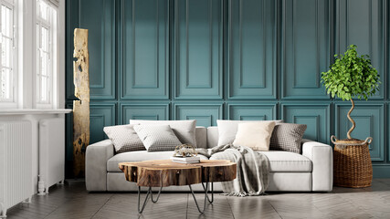 Beautiful interior of a modern room. Bright and clean design. A sofa standing by a large window against a wall background. 3D rendering