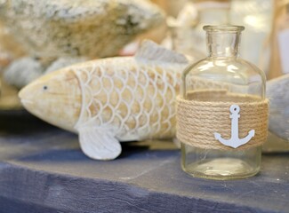 Wooden fish, decoration for home, glass vase with rope, design