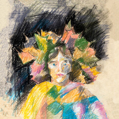 A crayon sketch of a portrait of a woman with autumn leaves on her head and in a colored sweater. Autumn. A face on a dark background. On paper. A sketch.