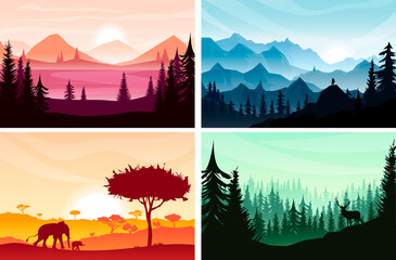 Sunset landscapes set. Savannah, Africa, elephant with baby, acacia on background. Man silhouette on mountain top, rocks. River, hills on backdrop. Deer in pine forest in fog. Vector illustration
