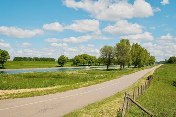 Countryside road, green agricultural landscape on a sunny day with cirrus clouds in the blue sky.